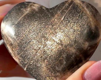 Lattice Black Sunstone Heart with Gold Confetti • Black Sunstone Crystal Heart