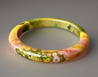 KABAMBY Ocean Jasper Slim Bangle Bracelet with Pink Yellow Orbs, Orbicular Ocean Jasper Hard Bangle, Collectors edition jewelry