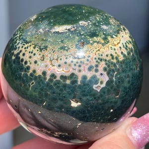 Kabamby Pink Ocean Jasper Sphere • Green Orbicular Jasper • Natural Ocean Jasper • Madagascar Jasper Ball • Bubble Jasper Stone