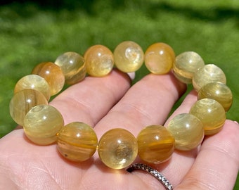 Yellow Gem Lepidolite Big beads Bracelet, Lepidolite Collector Grade Crystal Handmade Jewelry , #92
