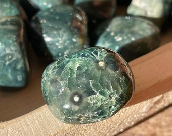 Orbicular Ocean Jasper Geometric Crystal Tumbled Stone, Polished Pocket Cubic Rock, Green Bubble Jasper