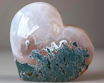 Moss Agate Scenic Large Crystal Heart: Translucent Agate and Chalcedony Carved Stone (210)