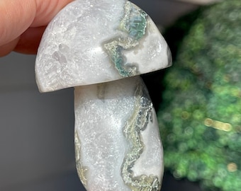 Moss Agate Big Mushroom Carving,  Zen Garden Crystals - #A