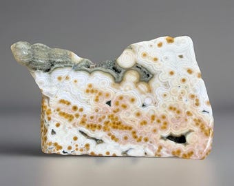 Ocean Jasper Freeform with a Green Botryoidal Pocket, Madagascar Pink Ocean Jasper with Green Orbs, Orbicular OJ Specimen (332)