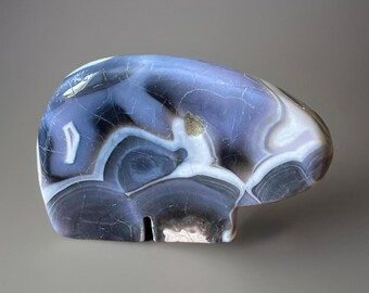 Blue Flower Agate Bear, Crystal Zuni Style Bear Carving, Spirit Animal Gift, Natural Stone Bear Sculpture