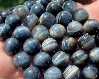 Blue Tigers Eye Beaded Bracelet - 10mm Beads, Cats eye chatoyant Natural Tiger Eye Bracelet, Layering Gemstone Jewelry