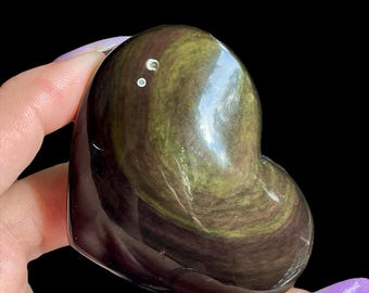 Velvet Obsidian Crystal Heart , Large Beautiful Moody Purple & Muddy Green Flashy Obsidian