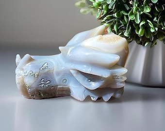 Blue Chalcedony & Moss Agate XL Dragon Head Carving, Grey Green Agate Mystical Sculpture, Crystal Dragon Head