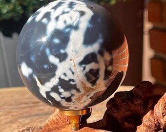 Orca Agate XXL Sphere: Grey and White Agate Crystal Statement Ball with Quartz