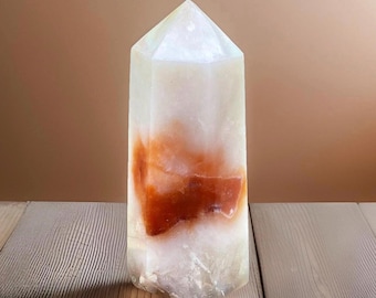 White Carnelian Tower with a Beautiful Flower in the Center • Unique Agate Crystal Point • Meditation Room Decor