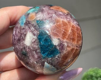Arusha Sunstone Gem Lepidolite Blue Apatite Large Sphere with Rainbow Confetti, Rare Collectible crystal Gems - #19