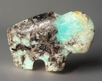 Amazonite Mica & Smoky Quartz Buffalo Crystal Carving, Spirit Animal Gift, HQ Flashy Natural Stone Buffalo Gemstone Sculpture (56)