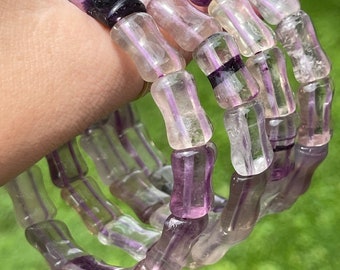 Purple & Lavender Pink Fluorite Soft Bangle Bracelet, Large Barrel Bead Natural Gem Bracelet with Purple Banding, Crystal Fancy Shape Beads