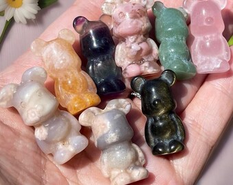 Mini Crystal Bear - Small Polished Stone Carvings - Cute Animal Collectibles - Flower Agate Pink Bear - Obsidian Black Bear -Aventurine Bear