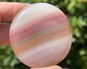 Pink Banded Calcite Cookie Flat: Colorful Crystal Polished Gemstone Pocket Round Stone
