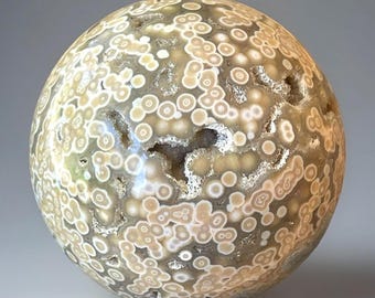 Orbicular Ocean Jasper Sphere, Natural Madagascar Jasper Crystal Ball with a Mermaid Tail Druzy Cave, 8th vein Jelly Ocean Jasper (471 )