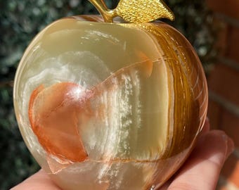 Green Banded Onyx XXL Handcarved Crystal Apple, Natural Stone Fruit for Home Decor