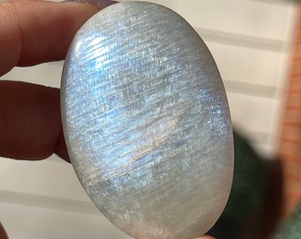 Sage Green Moonstone Palmstone BLUE  Flash, High Quality Silky Moonstone, Rare Crystal Find
