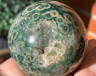 7th Vein Ocean Jasper Sphere with Quartz Clusters,Orbicular Jasper Ball, Unique Madagascar Jasper (387)