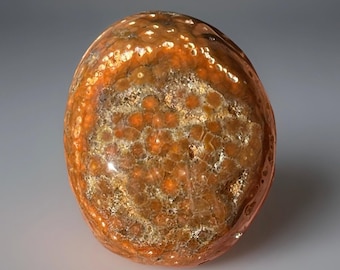 Ocean Jasper Chunky Egg, Polished Jasper with Chocolate Orange Orbs & Creamy Yellow Flowers, Orbicular Madagascar Carving (389)