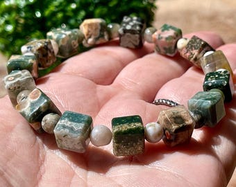 8th Vein Ocean Jasper Cube Beaded Bracelet, Orbicular Ocean Jasper old stock collectors edition Colorful beads, AAA Grade Crystals, #8