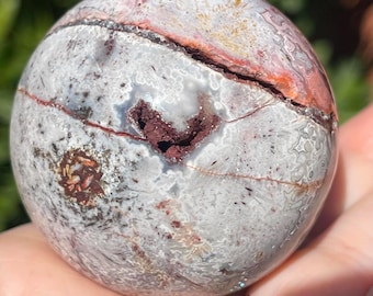 Red Crazy Lace Agate Sphere with a Hidden Purple Druzy Heart, Natural High Quality Agate from Mexico, Crystal Ball (440)