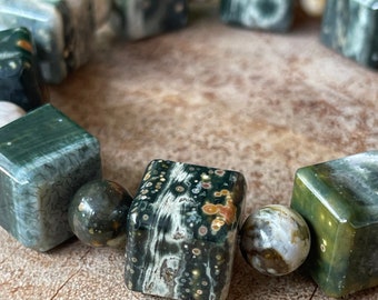 8th Vein Ocean Jasper Large Cube Bead Bracelet - No.49