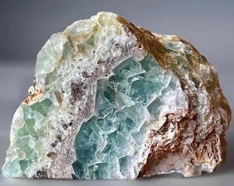 Durango Fluorite Half polished Bookend Specimen, Blue Green Fluorite, Crystals for Gifting Collecting Decorating, Mexican Rainbow Fluorite