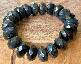 Blue Tiger’s Eye Faceted Rondel Bead Bracelet | Natural Tiger eye 15 MM sparkly stretch bracelet | Deep Blue Tigers Eye Crystal Jewelry