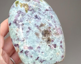 Aquamarine Gem Lepidilite & Green Elbaite Tourmaline Polished Freeform from Brazil, Natural Rare Mineral Specimen Collector’s Rock (480)