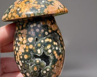 Veinless Ocean Jasper XL Mushroom, Green Quartz Druzy Orange Orbs Ocean Jasper, Orbicular Jasper Fairy Zen Garden Decor - #94