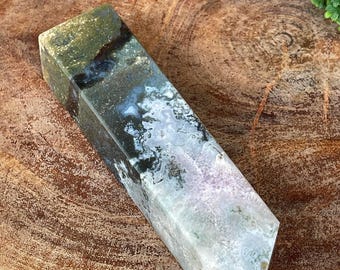 Amethyst Moss Agate HQ Statement Tower with Rainbow Quartz, Unicorn Moss Agate Point, #40