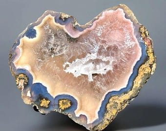 Lavender Pink Laguna Agate Heart Nodule - Mirror Polished Front with Stunning Quartz,  Collectors Natural Rare México agate