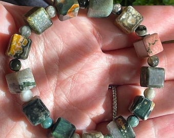 8th Vein Ocean Jasper Cube Beads Bracelet, Orbicular Jasper old stock old mine Jewelry, Stacking & Layering Bracelet