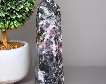 Fluorite Root Tower, Black & Purple Fluorite Root Tower with Sparkling Druzy – Bold Natural Crystal for Gifting or Display