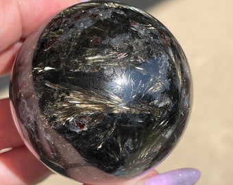 Astrophyllite Sphere, Arfvedsonite Gold Firework Garnet Inclusions Ball, Soda-Hornblende Arfwedsonite, Arfvedsonite of Brooke #99