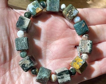 8th Vein Ocean Jasper Cube Beaded Bracelet, Orbicular Ocean Jasper old stock collectors edition Colorful beads, AAA Grade Crystals, #28