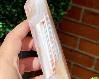 White Carnelian Flower Agate Tower – Large Polished Crystal Point, Rare Collector’s Piece, High-Quality Pink Agate, #75