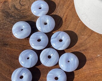 Blue Lace Agate Donut Carving, Small Crystal Circle Bead Pendant