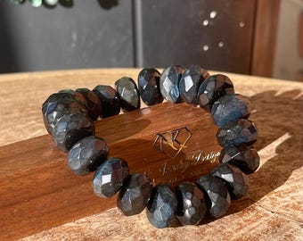 Blue Tigers Eye Bracelet - Stretch 15mm beads, Natural Gemstone Beaded bracelet, Collector’s edition handmade Unique Jewelry