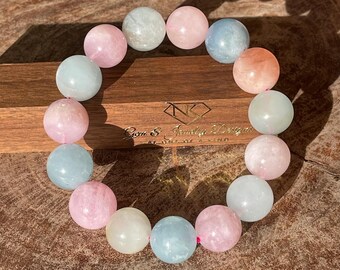 Natural Pastel Beryl Bracelet - Stretch 16mm beads, Morganite Aquamarine Heliodor Rare Gemstone Beads, Unique Handmade Jewelry Gift