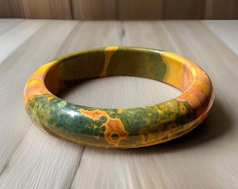 KABAMBY Ocean Jasper Bangle Bracelet with Pink Yellow Orbs, Orbicular Ocean Jasper old stock collectors edition jewelry, #1