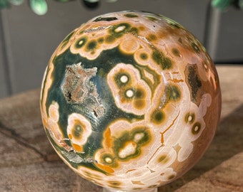 KABAMBY Ocean Jasper Sphere, Green Yellow Ocean Orbicular Jasper, Madagascar Jasper Ball, Rare Old Mine OJ Crystal