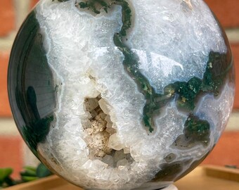 Moss Agate Druzy XL Sphere with Rainbow Quartz