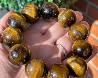 Tiger’s Eye Big Bead Bracelet 23 MM sphere beads Flash Crystal Bracelets, Gold Flash Tigers Eye AAA Grade Crystals