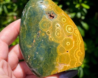 Kabamby Ocean Jasper Freeform Flame, Yellow & Green Orbicular Ocean Jasper, Natural Unique Madagascar Jasper Drop