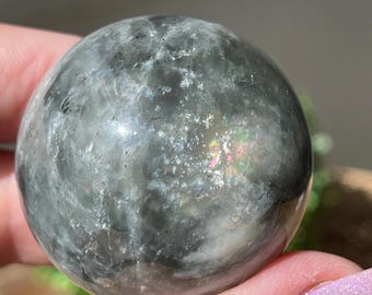 Grey Moonstone Sphere with Rainbow Confetti and  Blue Flash, Rare Crystals AAA Grade Collectible Gems, #69