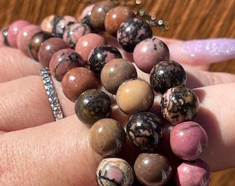 Rhodonite Bracelet 8mm Beads - Heart Chakra - No. 206, Pink & Black Crystal Stacking Jewelry