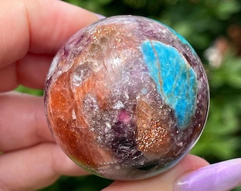 Arusha Sunstone Gem Lepidolite Blue Apatite Large Sphere with Rainbow Confetti, Rare Collectible crystal Gems - #72