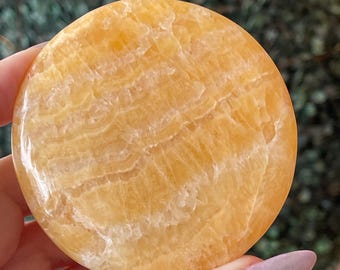 Orange Mango Calcite XXL Cookie Flat: Colorful Crystal Disk, Polished Gemstone Round Stone (477)